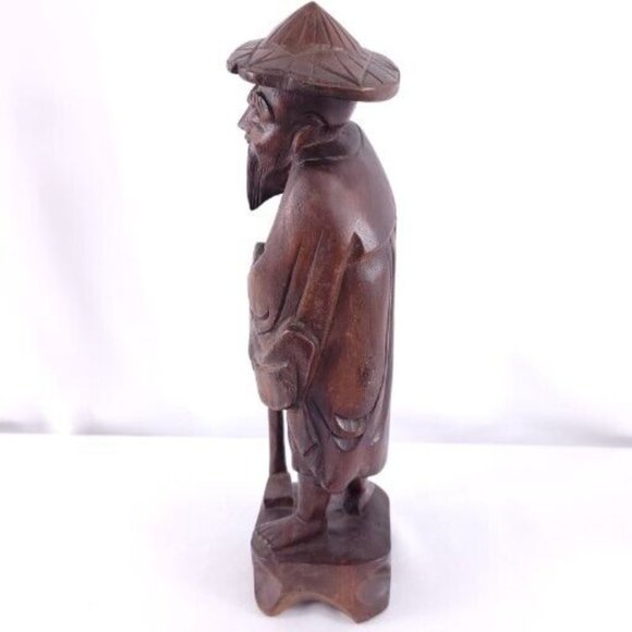 Genuine Camphor Wood Hand Carved In Taiwan Smiling Asian Man Statue 12" - Picture 4 of 7